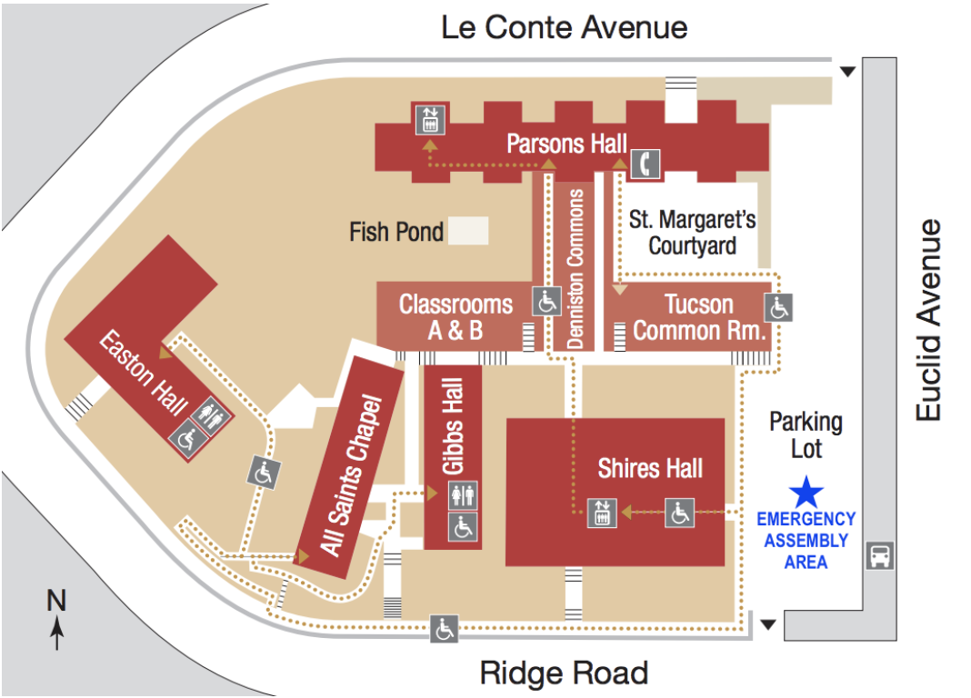 The Emergency Assembly Area (EAA) for the Fung Institute at CDSP Shires Hall is located in the CDSP parking lot alongside the Fung Institute Staff parking spaces.