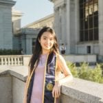 Christy Chen headshot, posing in front of Doe Library