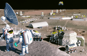 Depiction of astronauts and space equipment on the moon.