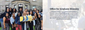 Graduate Division welcome letter screenshot. Left: Group photo of graduate students holding up the Graduate Diversity logo/sign. Right: Office of Graduate Diversity commitment to diversity