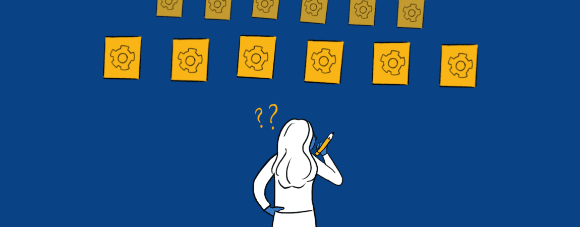 Blue, gold, and white illustration of individual looking at several options and trying to decide something.