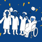 Blue, gold, and white illustration of 4 capstone team members celebrating with graduation attire