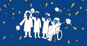 Blue, gold, and white illustration of 4 capstone team members celebrating with graduation attire