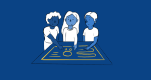 Blue, gold, and white illustration of three capstone members pointing at a graphic as if they are planning something
