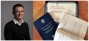 Olivier Bouard on the left, a passport and certificate on the right