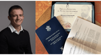 Olivier Bouard on the left, a passport and certificate on the right