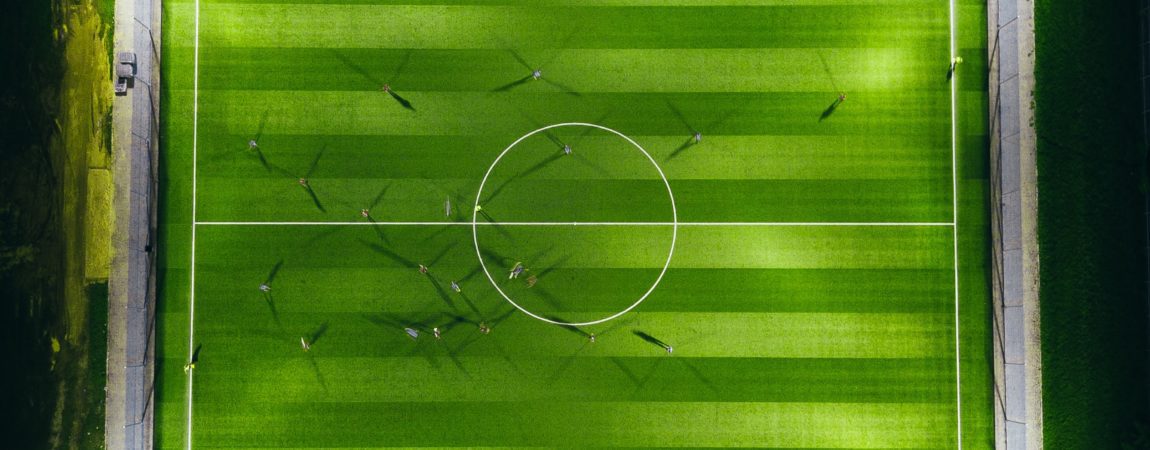 A bird's-eye view of a soccer field.